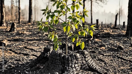 A small tree grows from a charred tree stump in a barren, burnt landscape