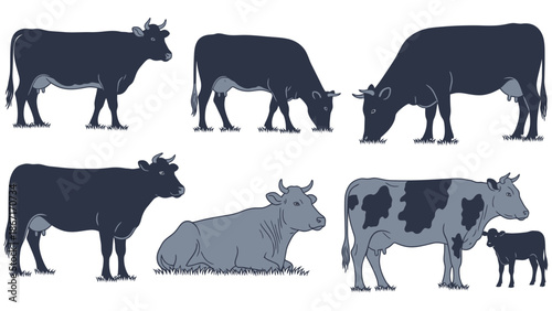 A collection of diverse cow illustrations, showcasing different breeds and poses, including standing, grazing, and resting.