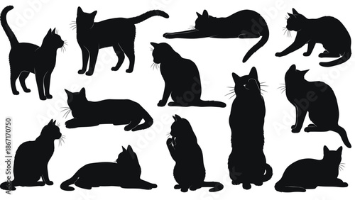 A collection of black cat silhouettes in various poses, showcasing different feline postures and movements.