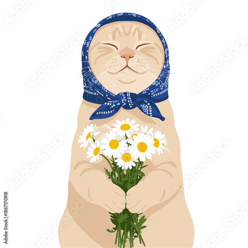 smiling cat wearing cute headscarf and holding bouquet of daisies flat vector illustration