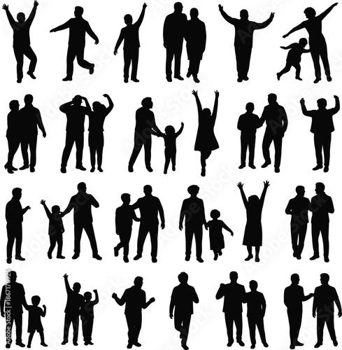 Family and group people silhouettes celebrating, walking and interacting together, adults and children joyful poses isolated on white background