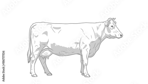 A detailed line drawing of a dairy cow standing in profile against a white background.
