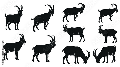 Collection of Silhouetted Goats in Various Poses and Stances.