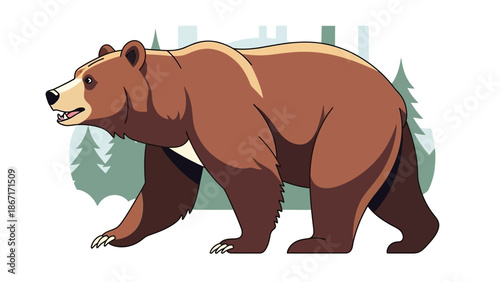 A cartoon illustration of a brown bear walking in a forest with pine trees in the background.