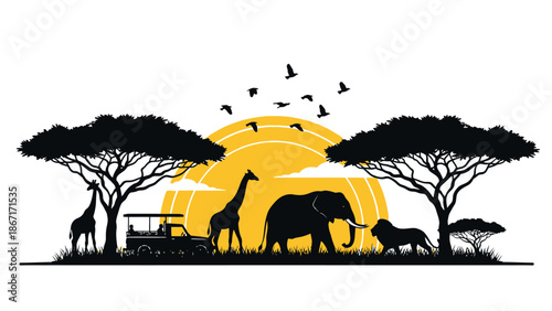 Silhouette of an African safari scene with acacia trees, a jeep, giraffes, an elephant, a lion, and birds against a large sun.