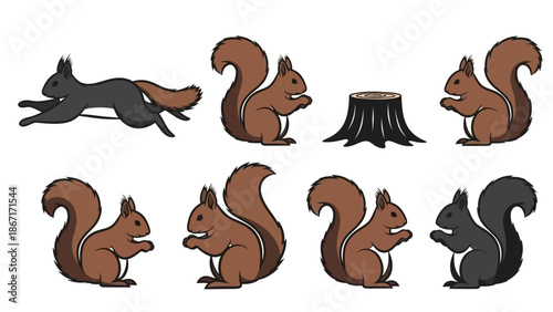 A collection of cartoon illustrations featuring squirrels in various poses, including running, standing, and interacting with a tree stump.