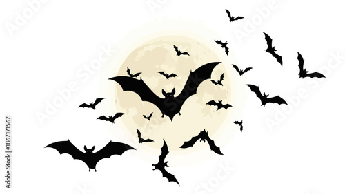 A flock of bats flying in front of a full moon on a clear night.