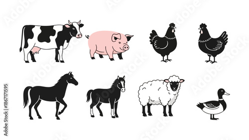 A collection of farm animals including a cow, pig, chickens, horses, sheep, and a duck, depicted in a simple, illustrative style.