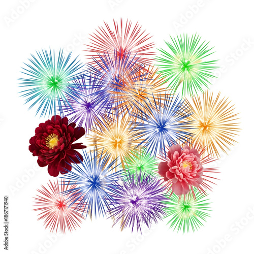 Vibrant colorful fireworks and flowers on white background for celebration