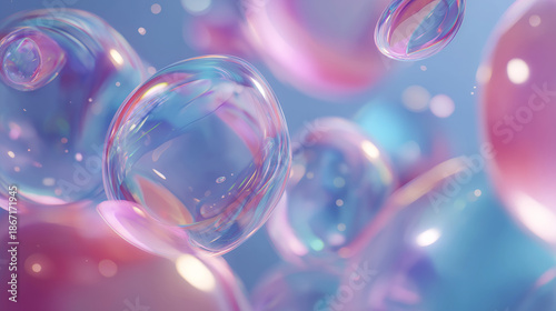 Abstract 3D Floating Glass Bubbles in Soft Pastel Pink and Blue Colors, Dreamy Minimal Background with Light Reflections