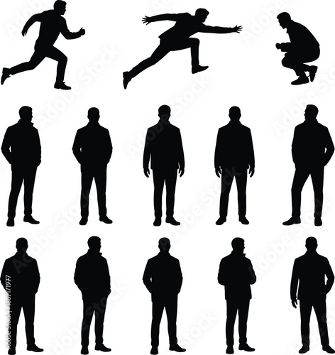 Business, man, silhouettes, standing, running, crouching, professional, male, figure, corporate, office, posture, confident, walking, activity, modern, human, worker, concept, pose