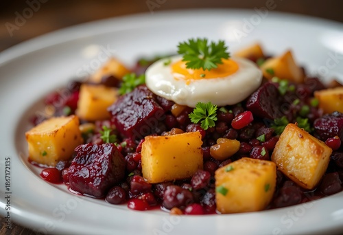 A vibrant and healthy dish featuring roasted potatoes, beets, and a perfectly cooked egg. beet hash
