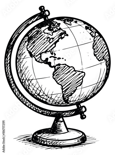 Hand drawn line art illustration of a globe depicting a world map for education and travel concepts