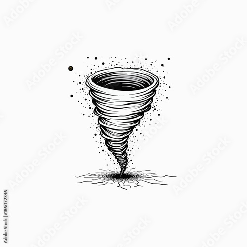 Abstract illustration of a swirling tornado in black and white  