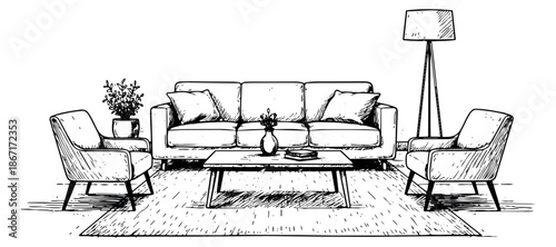 Hand drawn line art living room furniture set featuring a sofa, armchairs, coffee table, and floor lamp for home decor concepts
