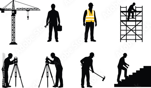 Construction, worker, silhouette, set, crane, scaffolding, safety, vest, surveyor, tripod, engineer, laborer, tools, industrial, site, activity, people, black, icons, illustration, isolated, white, 