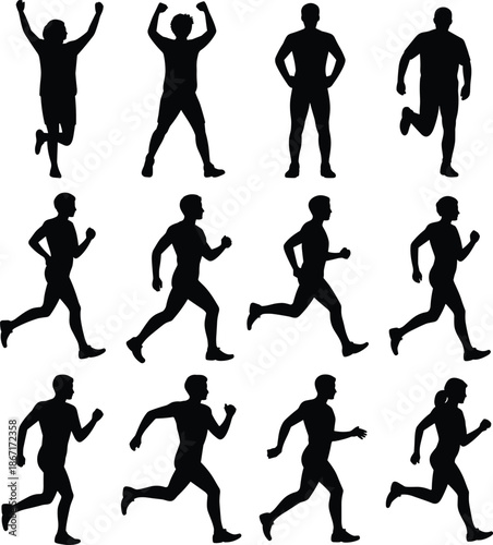 Running and jumping man silhouettes set showing dynamic sport motion poses isolated on white background fitness illustration
