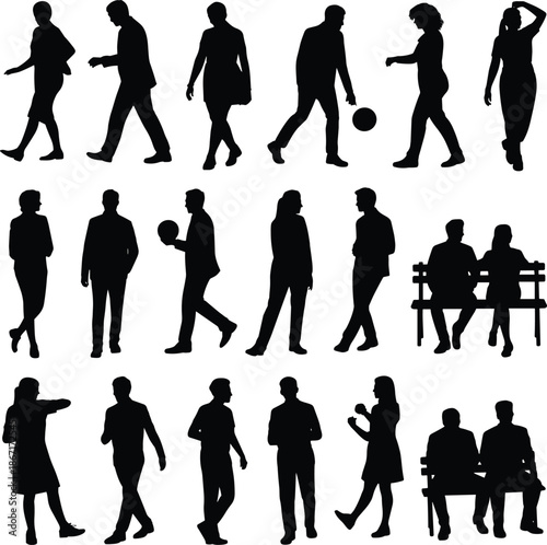 People silhouettes walking, standing and sitting in daily activities, men and women lifestyle poses, urban human interactions isolated on white background