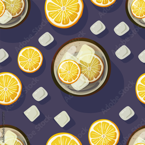 Seamless pattern with top view lemon cocktail, citrus slices and ice cubes on dark background. Fresh summer drink illustration in flat style