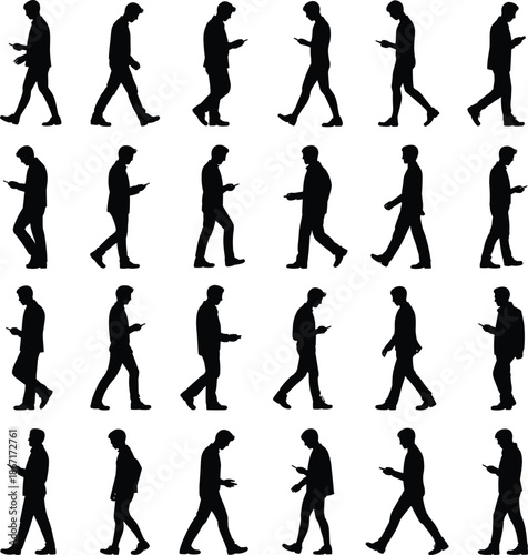 Walking people silhouettes using smartphones set showing modern technology lifestyle communication addiction side view movement isolated black human figures vector illustration