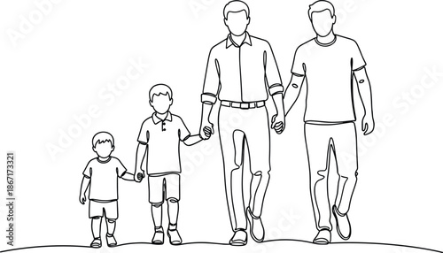 Happy, two, fathers, walking, with, their, sons, together, family, bonding, love, parenting, equality, fatherhood, children, outdoor, walk, silhouette, line, art, illustration,