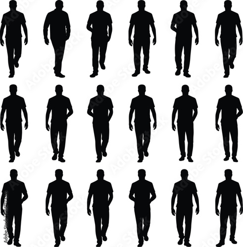 Walking, male, silhouettes, group, of, men, in, motion, modern, human, figures, black, isolated, people, posture, confident, walking, person, vector, illustration
