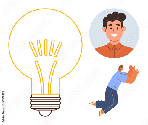 Innovation, teamwork, personal growth, problem-solving, creative thinking, inspiration. Large lightbulb alongside a smiling man, another person holding hands together in effort. Innovation