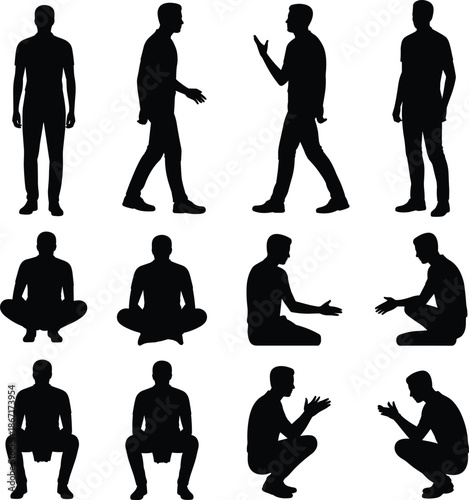 Male human silhouette set showing standing walking sitting squatting conversation poses isolated black vector illustration for behavior posture reference