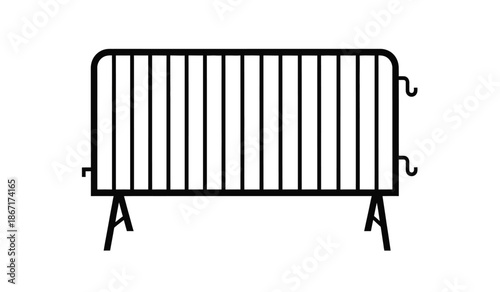 Black metal gate with vertical bars on stand