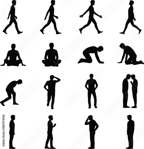 silhouettes, of, man, walking, sitting, kneeling, standing, thinking, conversation, tired, pose, meditation, people, posture, activity, human, body, movement, vector, illustration