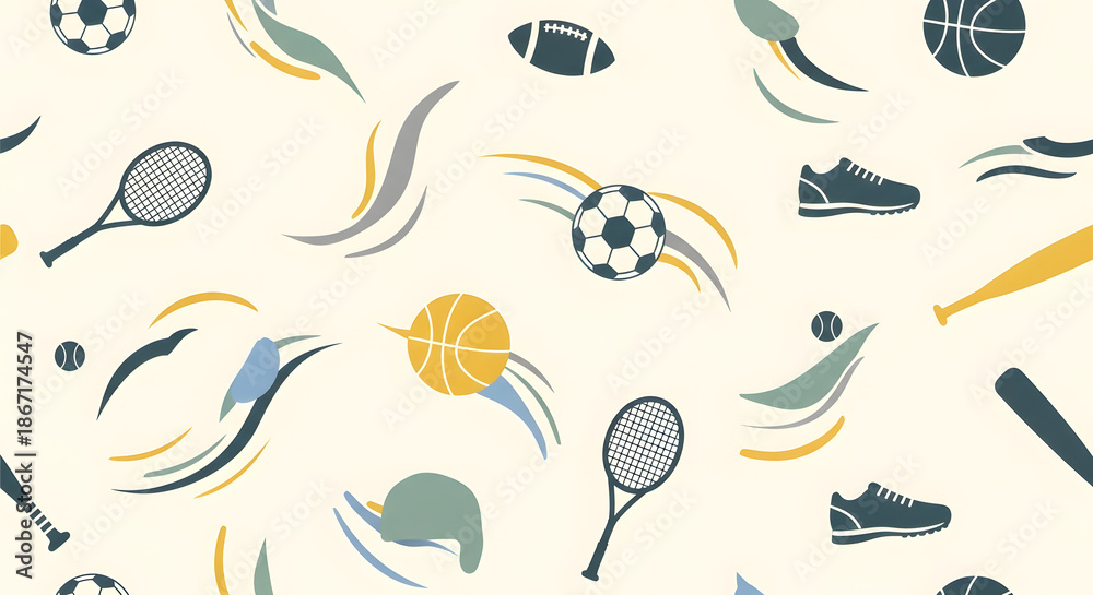 Seamless pattern featuring various sports equipment like soccer balls, basketballs, tennis rackets, baseball bats, footballs, and athletic shoes with dynamic abstract elements.