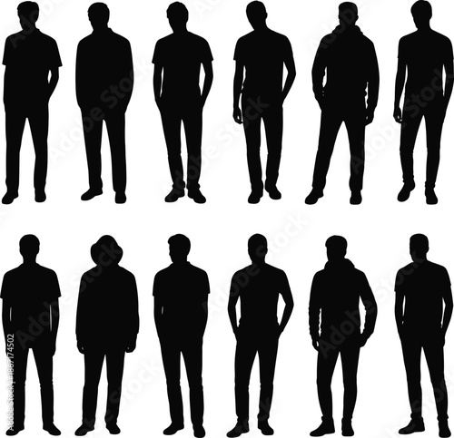 silhouette,male,person,standing,posing,casual,clothes,man,figure,black,shadow,isolated,people,posture,collection,young,adult,white,background,graphic