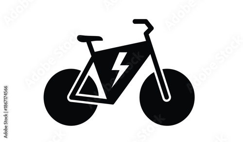 Black and white icon of electric bicycle with lightning symbol on battery