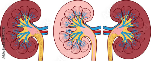 Human kidney anatomy illustration, showing cross section renal cortex medulla pelvis artery vein ureter medical education healthcare biology physiology nephrology detailed diagram vector isolated