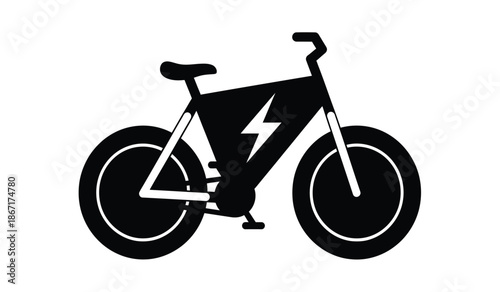 Black silhouette of an electric bicycle with lightning symbol on battery pack