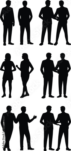People silhouettes communicating in small groups, men and women interaction poses, black vector illustration, business discussion and social teamwork concept