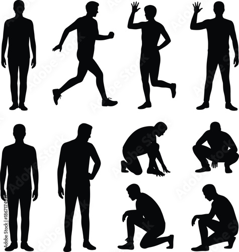 Male silhouettes set, standing running waving kneeling men poses, black human action figures, isolated on white background illustration