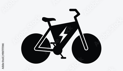 Black silhouette of a modern electric bicycle with lightning bolt on battery pack