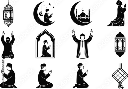 Islamic prayer silhouette icon set with people praying, mosque, crescent moon, lanterns, and Ramadan religious symbols for spiritual design