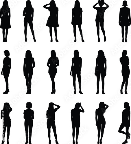 Elegant, female, silhouettes, modern, women, posing, fashion, girls, in, stylish, outfits, black, isolated, human, figures, model, beauty, posture, design, concept