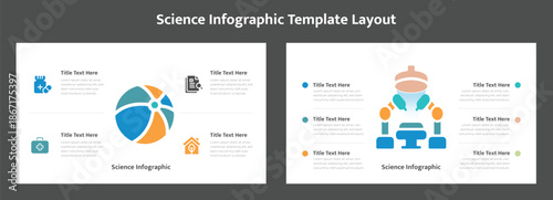 Science infographic template layout. A modern infographic template displays a stylized microscope with text areas for scientific information