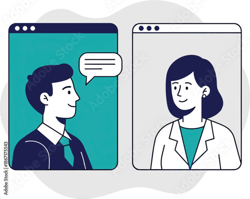 Man and woman communicating through computer screens with speech bubble