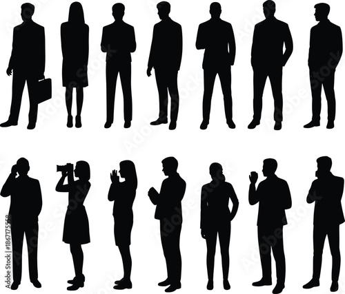 Business people silhouettes collection, men and women professional poses standing, corporate team figures isolated on white background