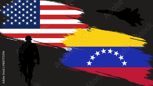 Flags of the USA and Venezuela in the form of brush strokes with silhouettes of a soldier and a fighter jet on a gray background. Symbol of geopolitical tension and international relations.