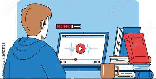 Man watching video on computer surrounded by books and coffee