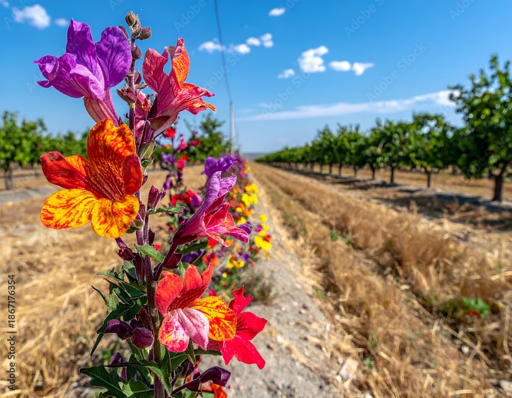 custom made wallpaper toronto digitalVibrant wildflowers in focus with agricultural landscape under bright sky