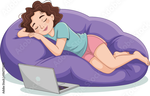 Cute Girl Sleeping Comfortably on a Bean Bag with a Laptop Nearby IllustrationCute Girl Sleeping Comfortably on a Bean Bag with a Laptop Nearby Illustration