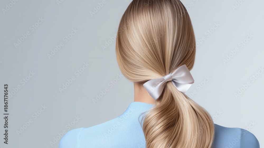Naklejka premium Woman with blonde shiny hair tied in a stylish ponytail, showcasing healthy beauty with an elegant bow