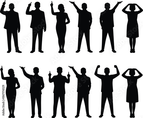Business, people, silhouettes, pointing, gesture, team, professional, group, men, women, standing, direction, office, worker, presentation, leadership, communication, corporate, figure, concept