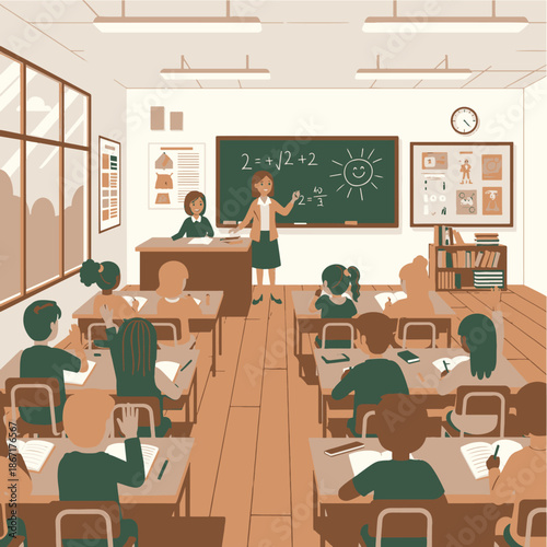 Teacher instructing students in a classroom with a blackboard and desks